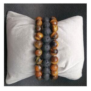 Artisan Three Beaded Bracelets Tigers Eye Gemstone Black Lava Stone Diffuser NEW
